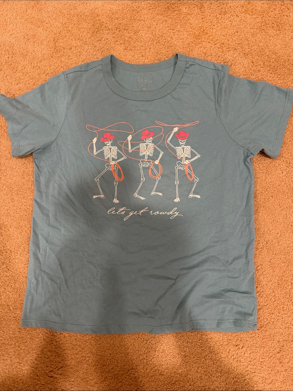 Teal Graphic Tee with Skeleton Cowgirls - Let's Get Rowdy
